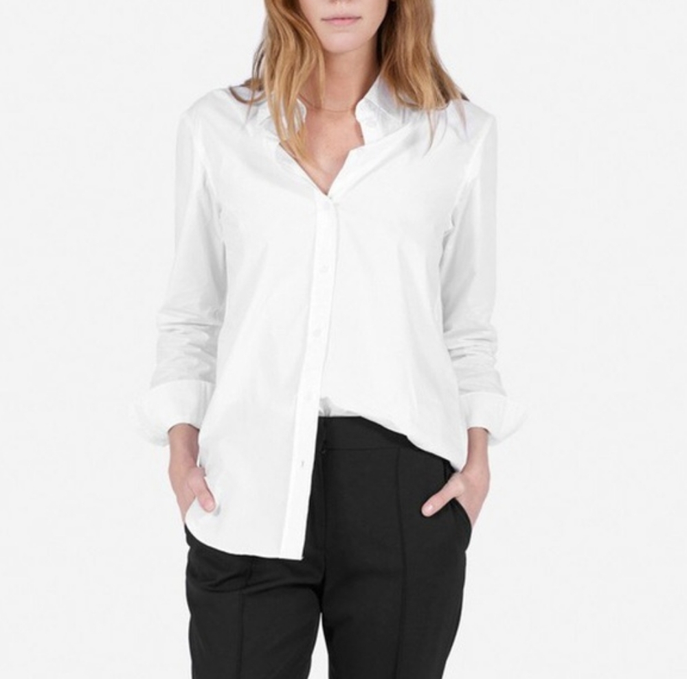 H&M white v neck button down formal work shirt size 12 fitted with bust darts